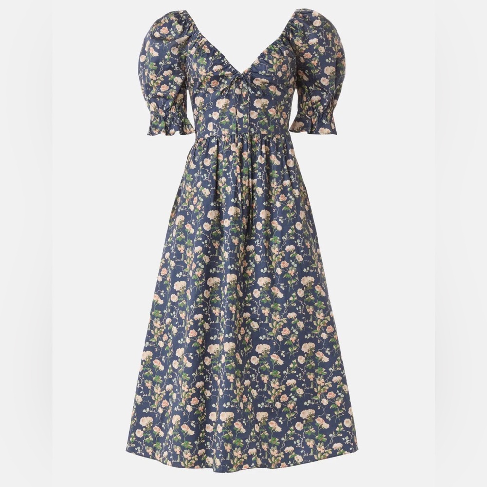 Hill House Navy Floral Midi Dress with Puff Sleeves